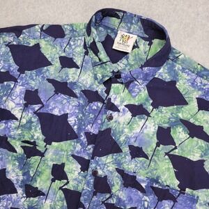 Rum Reggae Shirt Men's L Blue Green‎ Stingray Print Button Down Short Sleeve